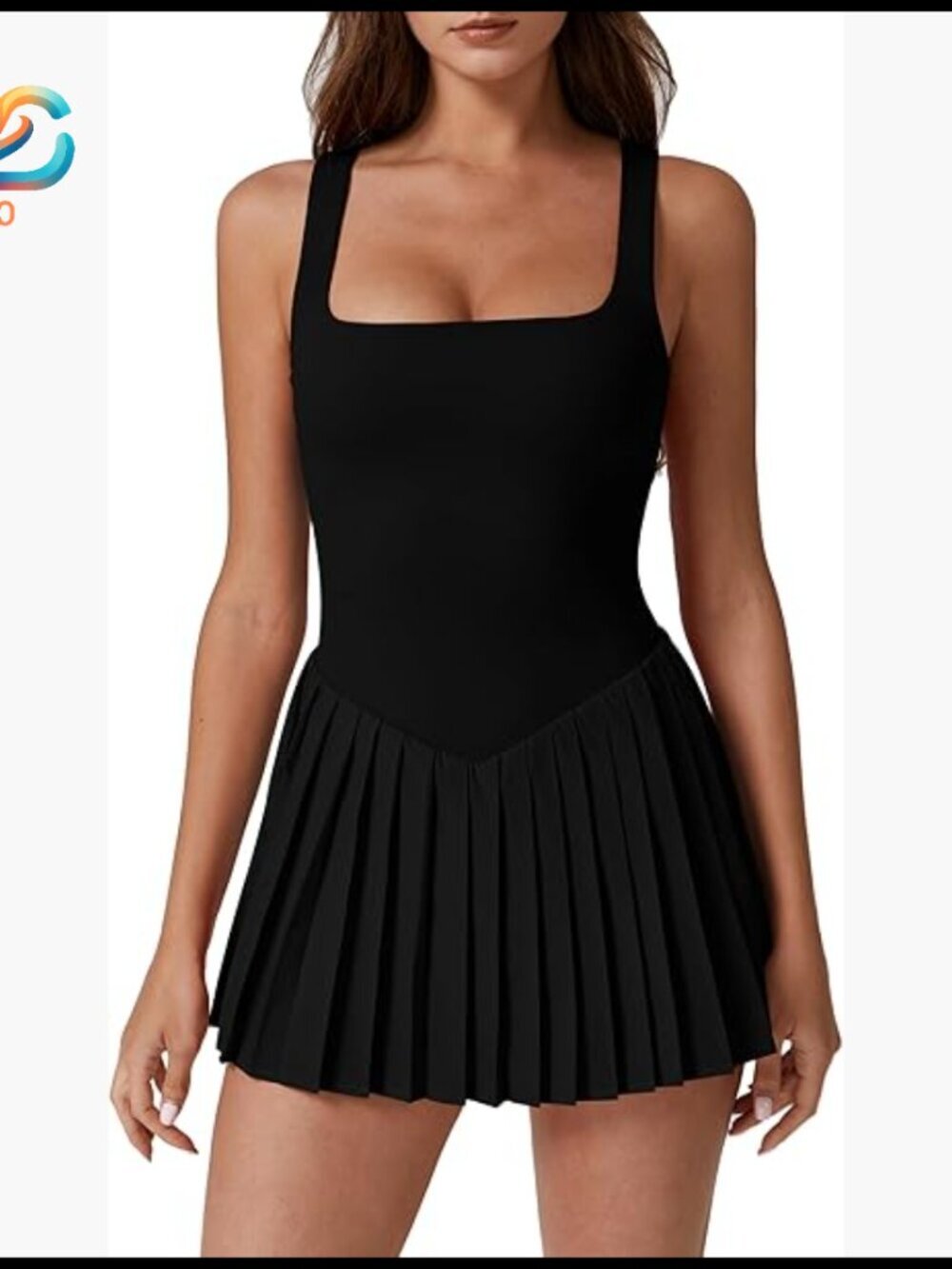 Women's Square Neck Tennis Dress with Built-in Shorts and Pockets